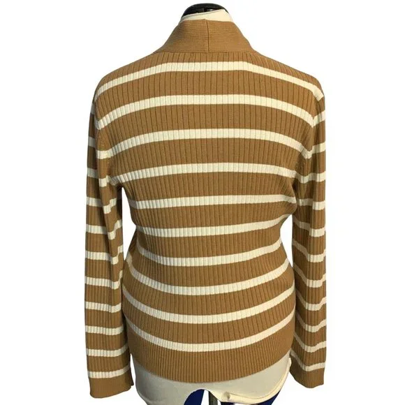 Lauren Ralph Lauren Sweater Womens Size XL Striped Brown White Button Accent - Picture 2 of 12